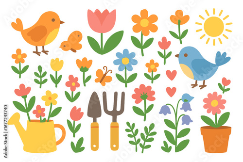 Spring garden vector flat illustration set. Cute cartoon collection with flowers, birds, butterflies, and gardening tools. Cheerful nature elements for design, sticker, print.
