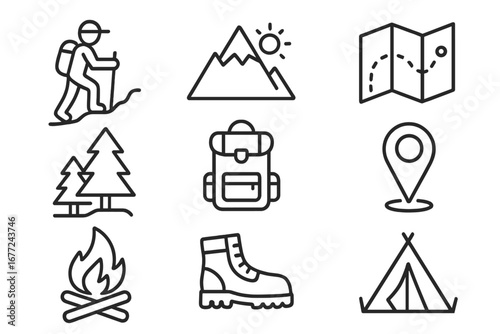 Hiking and camping outline icon set. Outdoor adventure and exploration linear icons. Hiker, mountain, map, forest, campfire, tent, backpack, boot vector pictograms collection.