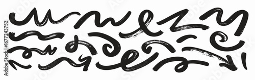 Hand-drawn black ink brush strokes, abstract design elements