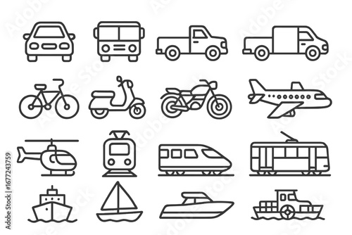 Transportation line icon set. Car, truck, bus, bike, plane, train, boat vehicle symbols. Public & private transport collection for web & mobile. Vector pictogram outline style.