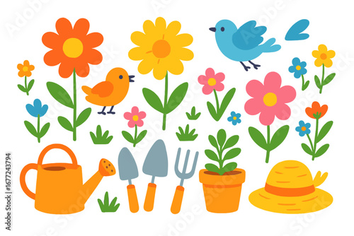 Cute spring gardening collection. Colorful flat vector cartoon illustration set with flowers, birds, watering can, trowel, plant pot and hat. Isolated garden icon clipart elements.