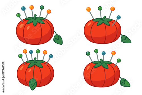Set of tomato pincushions with colorful pins. Vector cartoon illustration of a classic sewing tool for needlework, crafting, and tailoring. Isolated haberdashery icons.