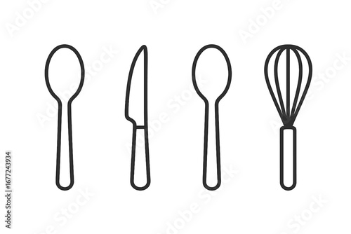 Kitchen tool line icon set. Spoon, knife, whisk outline icons. Cooking utensil collection for culinary design. Vector cutlery, silverware illustration. Simple flat cookware symbols.