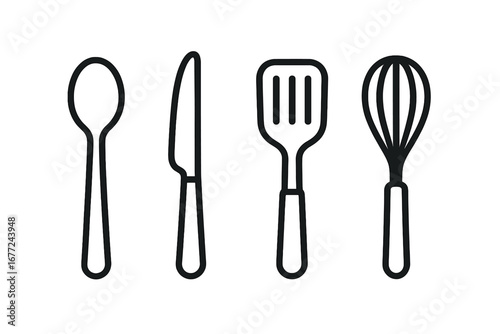 Kitchen tool line icon set. Spoon, knife, spatula, whisk outline icons. Utensil collection for cooking, baking, and food preparation. Vector illustration for culinary design.