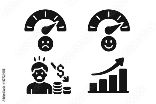 Market sentiment icons. Fear and greed meter for stock market psychology. Investor emotion concept with panic sell, bull market rally, and bear market fear gauge vector icons.