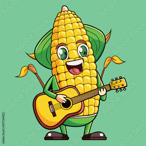 cartoon corn cob sings and plays the guitar with excitement, entertaining everyone around