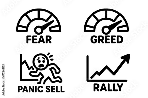 Market sentiment solid icon set with fear and greed gauge. Psychology of investor behavior with panic sell and stock market rally. Vector cartoon finance business concept.