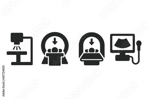 Medical imaging solid icon set. Radiology diagnostics with X-ray, CT scan, MRI, and ultrasound machine. Vector pictogram symbols for hospital, clinic, and healthcare design.