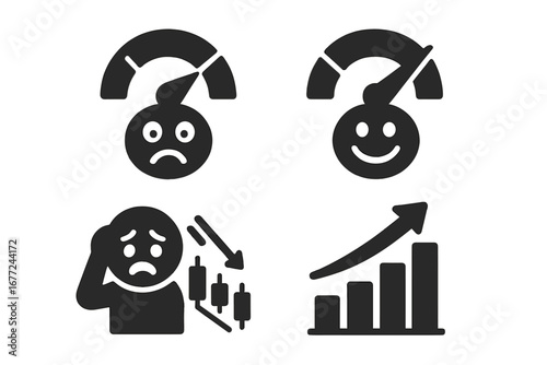 Market sentiment icons showing investor psychology. Fear and greed meter, panic sell, and stock market rally. Solid filled vector illustration set for finance and trading.