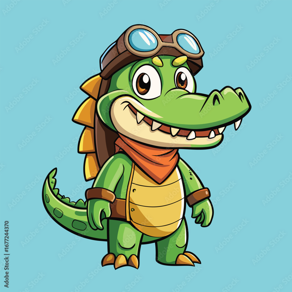 Fototapeta premium An animated crocodile dressed as a pilot smiles confidently in flight gear
