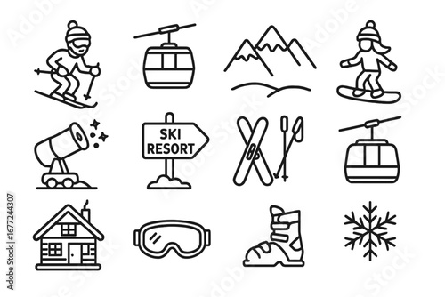 Ski resort icon set with winter sports elements. Vector line icons of a skier, snowboarder, gondola, lift, chalet, mountains and equipment. Outdoor activity and vacation concept.
