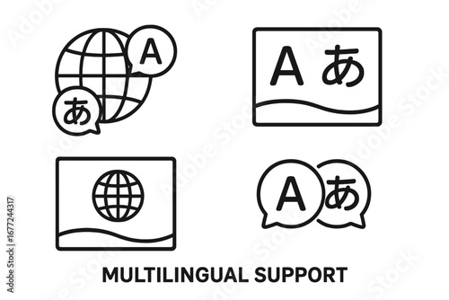 Multilingual support line icon set. Language translation & global communication concept. Vector icons of globe, speech bubbles, and international flag for website or app interface.