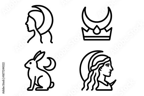 Mythical moon icon set. Lunar goddess silhouette. Greek mythology symbol. Selene, Artemis face. Crescent crown, moon rabbit folklore. Vector outline spiritual esoteric signs.