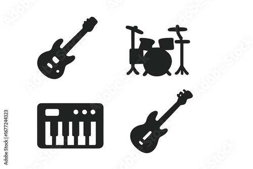 Rock band musical instrument icon set. Solid glyph silhouette symbols of electric guitar, bass, drum kit, and synthesizer keyboard for music production or live concert design.