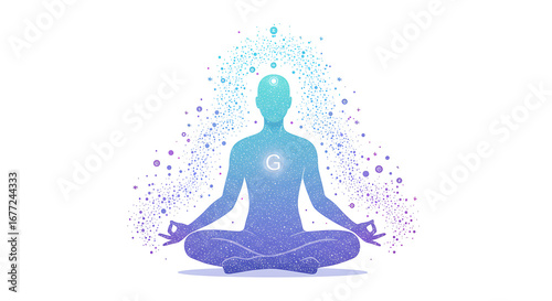 Spiritual Meditation Silhouette with Ethereal Energy Particles and Initial G Vector