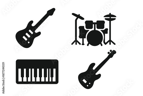 Musical instrument icon set. Rock band equipment solid glyph icons. Electric guitar, bass, drum kit, and piano keyboard silhouettes for live music concert or festival posters.