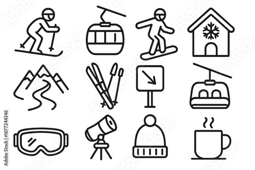 Ski resort icon set. Winter sports and vacation activities collection. Line icons for skiing, snowboarding, mountains, gondola, and equipment. Vector graphic elements for travel.