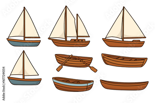 Boat illustration set. Collection of various cartoon watercraft. Wooden sailboat, yacht, dinghy, and rowboat with oars. Simple nautical maritime vector design elements isolated.