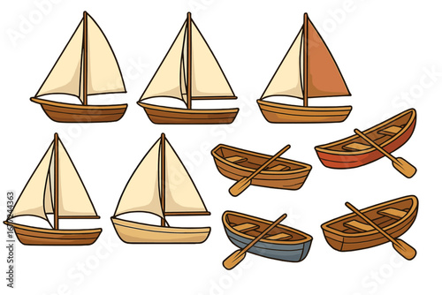 Collection of boat illustrations. Sailboats and rowboats with oars in simple cartoon style. Wooden water transport vessel set. Vector graphic for nautical design element.