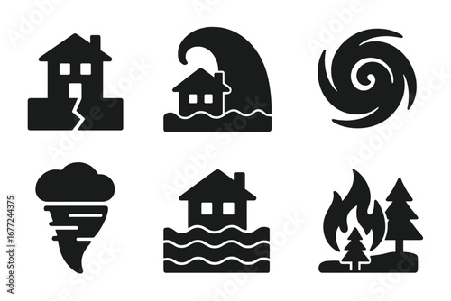 Natural Disaster Icons Set, Solid Flat Vector Symbols of Earthquake, Tsunami, Hurricane, Tornado, Flood, Wildfire, Cartoon Style Illustration for Safety and Emergency Design