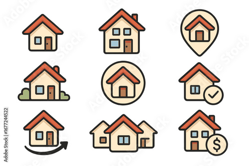 House icon set for real estate. Home, property, mortgage, buy, sell, rent symbols. Building, location, community, and investment concepts. Vector ui/ux web icons.
