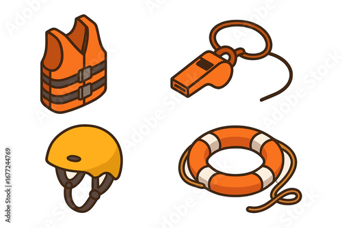 Paddleboard safety icons set, isometric flat vector illustration of essential paddleboarding equipment including life jacket, whistle, helmet, leash, and rescue ring for water sports safety