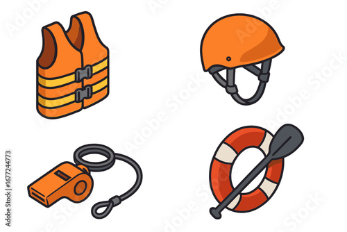Paddleboard Safety Icons, Isometric Flat Vector Set of Paddleboarding Equipment Including Life Jacket, Whistle, Helmet, Leash, and Rescue Ring with Paddle, Cartoon Illustration