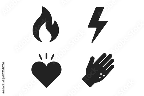 Pain Icon Set, Solid Filled Icons of Pain Symptoms and Sensations with Burning Flame, Electric Bolt, Throbbing Heart, Numbness, Painful Hand Spots, Vector Medical Cartoon Illustration