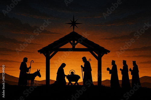 Majestic Nativity Scene Silhouette – Desert Stable with Striking Contrast for Christmas