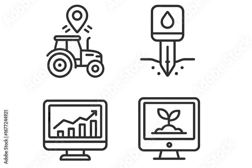 Precision Farming Icons Outline Set with GPS Tractor, Soil Moisture Sensor, Yield Monitor, Agricultural Technology Vector Cartoon Illustration for Smart Agriculture