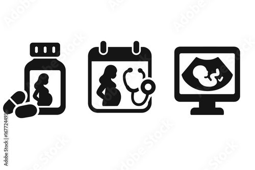 Pregnancy Healthcare Icons Solid Filled Vector Set with Expecting Mother, Prenatal Vitamins, Doctor Appointment, and Ultrasound Scan Symbols for Maternity Care