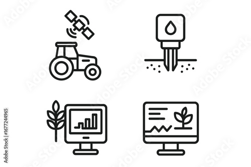 Precision Farming Icon Set, Outline Style of Agricultural Technology Symbols including GPS Tractor, Soil Moisture Sensor, Yield Monitor, Digital Crop Analytics, Smart Agriculture Vector Illustration