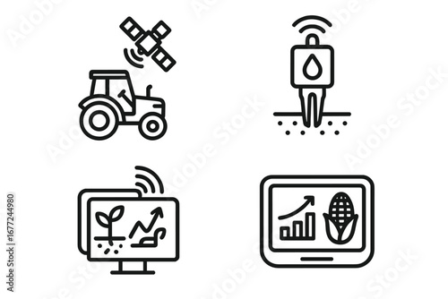 Precision Farming Icons Outline Set, Smart Agriculture Technology with GPS Tractor, Soil Moisture Sensor, Crop Yield Monitor, Digital Farming, Agricultural Innovation Vector Illustration