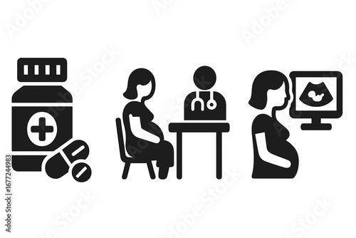 Pregnancy healthcare icons set, solid filled vector of expecting mother healthcare concept including prenatal vitamins, doctor consultation, ultrasound scan silhouette illustration