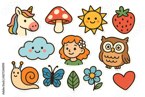 Cute cartoon sticker set with whimsical characters and nature icons. Kawaii vector collection of unicorn, owl, girl, sun, cloud, mushroom, strawberry, snail and butterfly.