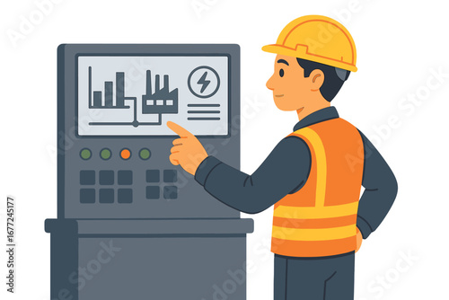 Electrical engineer monitors a factory control panel screen. Technician inspecting electricity generation and consumption data. Industrial automation and smart industry vector.