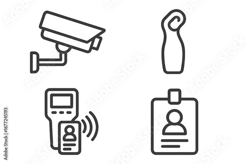 Security Icon Set with Outline Style Including Surveillance Camera, Security Tag Remover, Badge Scanner, and ID Badge Vector Cartoon Illustration for Loss Prevention and Safety