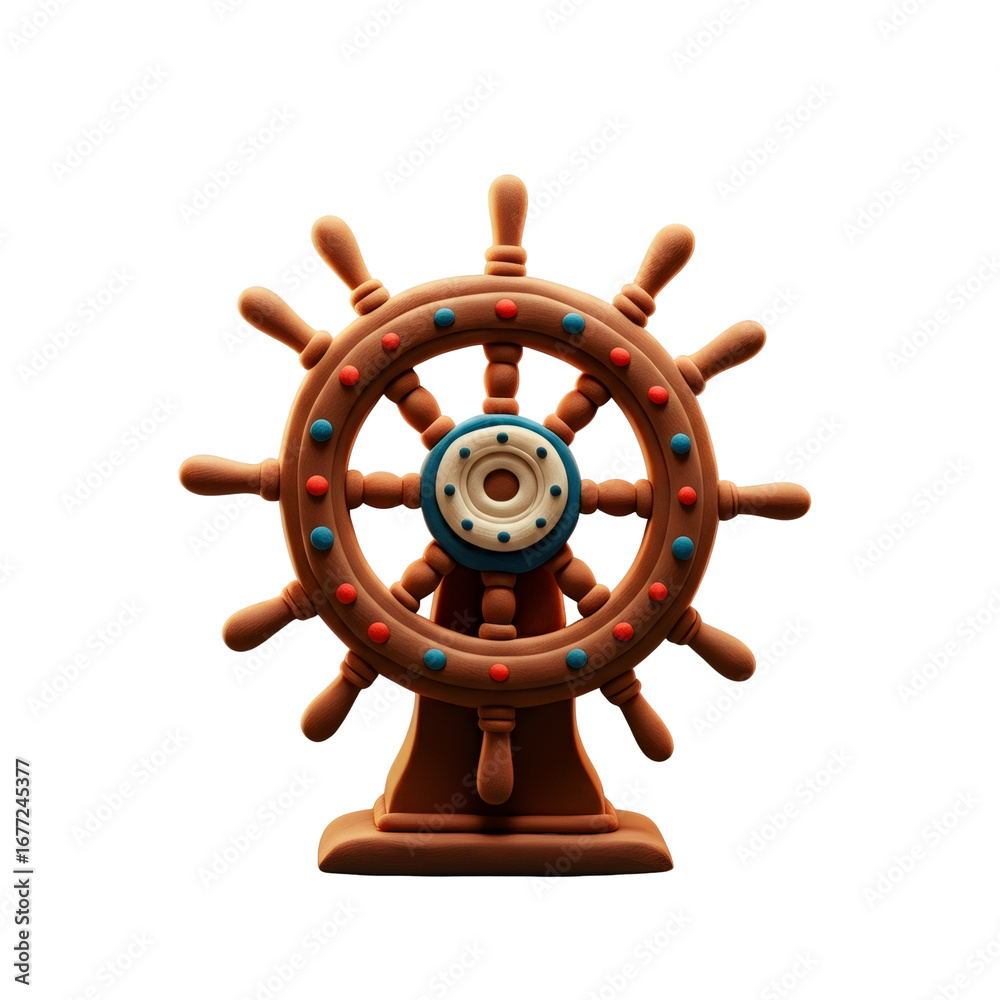 Obraz premium Wooden Ship Steering Wheel with Decorative Accents on a Stand Against Transparent Backdrop