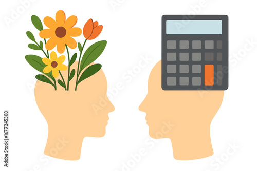 Contrast between creative and logical mind. Left and right brain concept with flowers and calculator. Psychology, emotion vs logic. Vector illustration flat design.