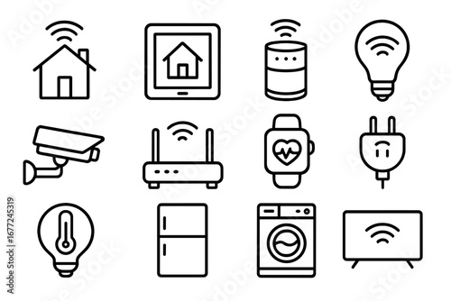 Smart Devices Line Icon Set, Home Tech Gadgets, IoT Symbols Collection, Outline Vector Illustration, Connected Home Automation, Wireless Technology, Modern Electronics