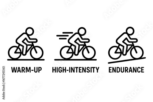 Cycling workout icons showing training phases. Set of outline pictograms for bicycle exercise. Warm-up, high-intensity sprint, endurance climb. Sport fitness vector symbols.