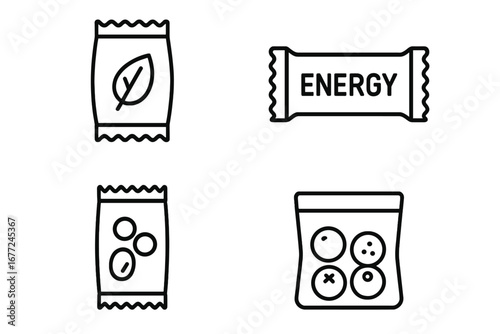 Snack Packaging Line Icon Set with Healthy and Energy Snacks. Vector Cartoon Illustration Collection in Minimalist Outline Style with Transparent Background, Ordered Set of 4