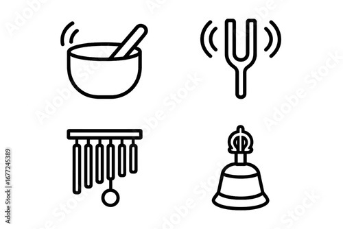 Sound Healing Icon Set with Crystal Singing Bowl, Tuning Fork, Chime, Tibetan Bell, Outline Vector Cartoon Illustration for Meditation, Wellness, Relaxation, and Spiritual Retreats