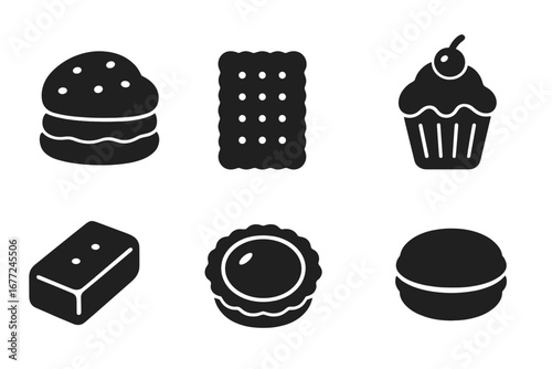 Tea dessert icons solid filled vector set including scone, biscuit, tea cake, cupcake, shortbread, jam tart, macaron, cartoon illustration perfect for bakery and cafe design