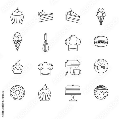 Line Art Baking and Dessert Icons Collection - Cupcakes, Cakes, Ice Cream, Donuts, and Bakery Tools