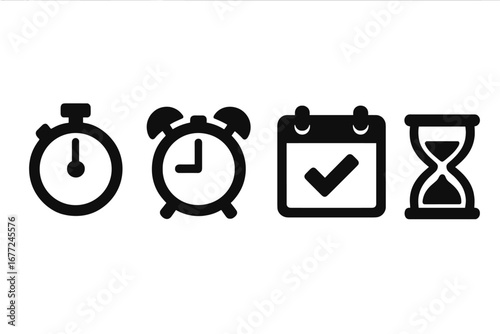 Time Management Icons Vector Set, Solid Black Filled Stopwatch, Alarm Clock, Calendar Reminder with Checkmark, and Sand Hourglass Illustration for Productivity and Scheduling