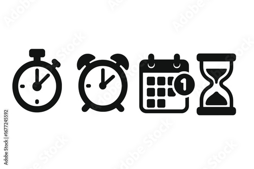Time management icons solid filled vector set with stopwatch, alarm clock, calendar reminder, hourglass, productivity tools, deadline, schedule, time tracking illustration