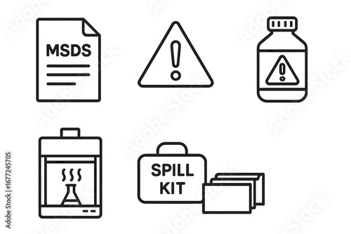 Chemical safety outline icon set. Vector symbols of MSDS sheet, warning label, hazardous chemical container, lab fume hood, and emergency spill kit for workplace safety.