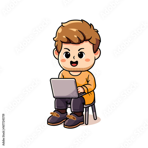 cute illustration of a man working while sitting on a laptop