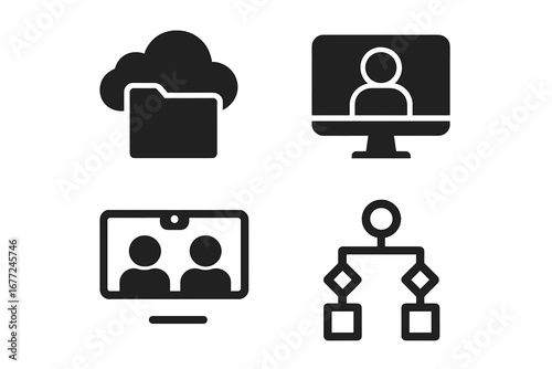 Solid vector icons of virtual workspace essentials including cloud folder, remote desktop, shared screen, and workflow app for digital collaboration and productivity